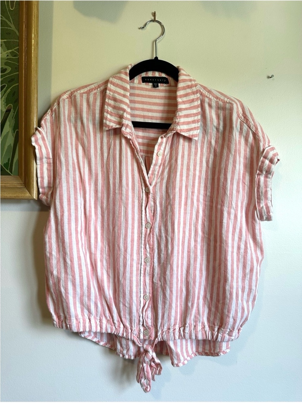 Sanctuary Button Front Tie Hem Stripe Short Sleeve Top Womens Small Linen Blend